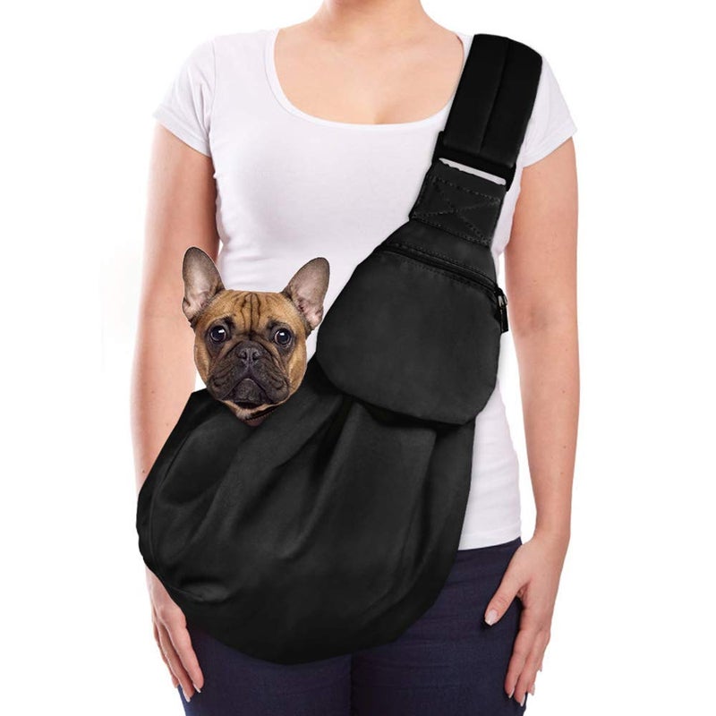 Lukovee Pet Sling, Hand Free Dog Sling Carrier Adjustable Padded Strap Tote Bag Breathable Cotton Shoulder Bag Front Pocket Safety Belt Carrying Small Dog Cat Puppy Machine Washable (Black, M) - Image 1